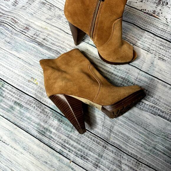 Michael Kors MK Camel Suede Open Toe Heel Booties 6 - Picture 1 of 4